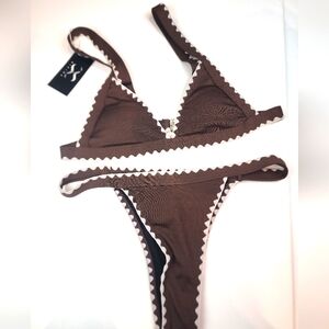 NWT‎ Brown Sexy Thong Bikini Ditsy Two Piece Swimsuit 855 Size M